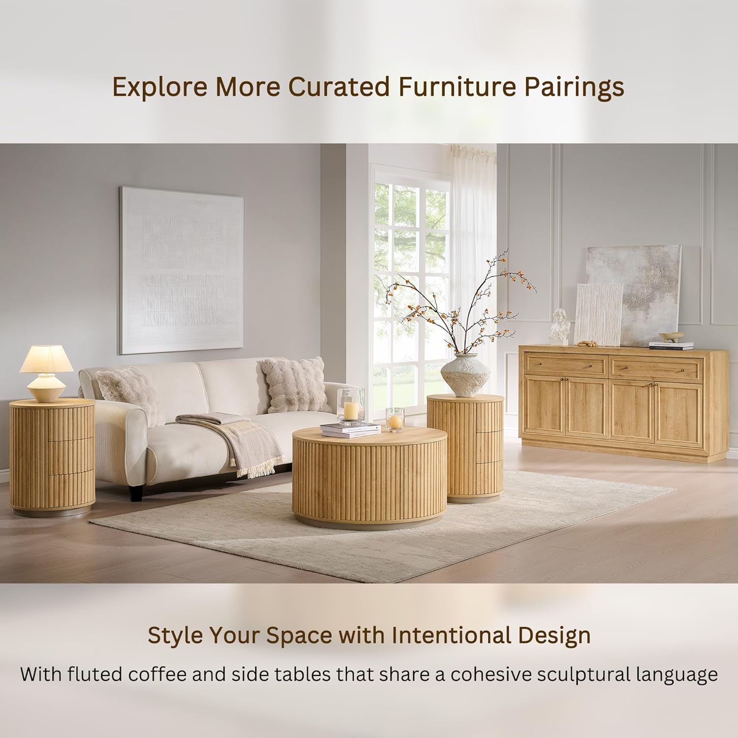 JXQTLINGMU 33" Round Coffee Table with Storage, Fluted Drum Coffee Table, Hidden Push-to-Open Drawer, Natural Oak