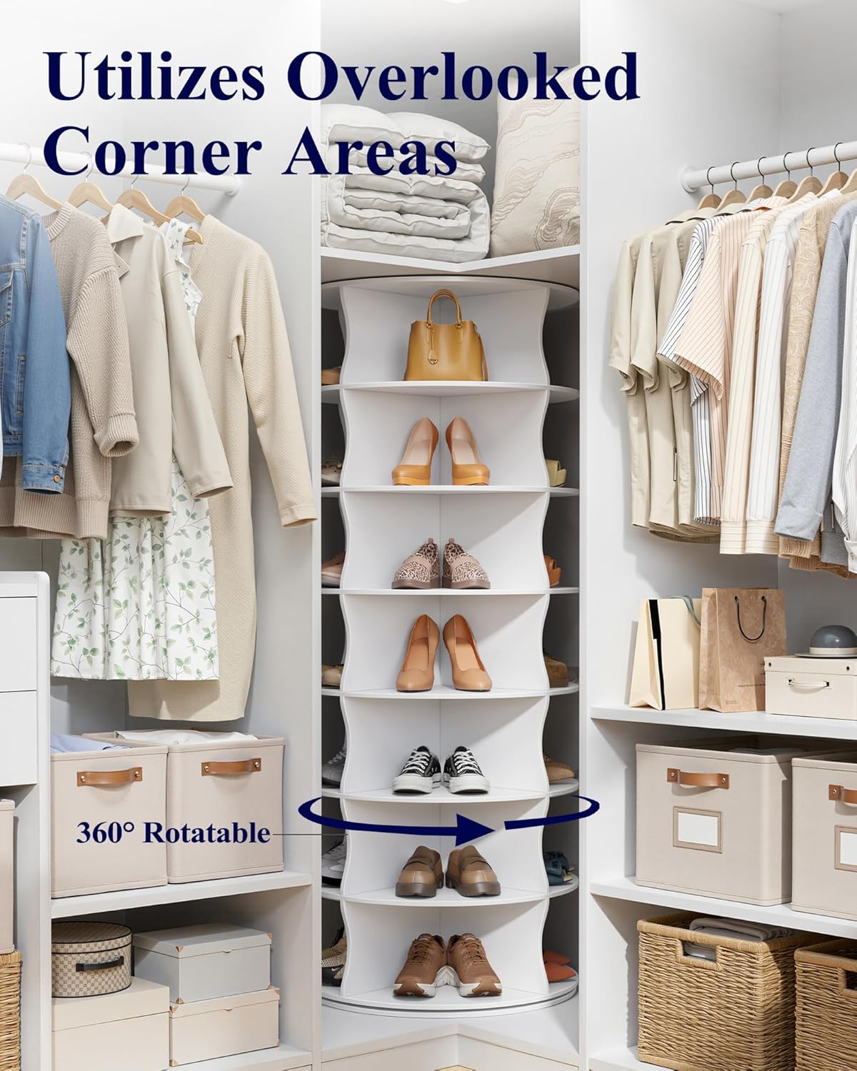 Kitsure Shoe Rack - 7-Tier Rotating Shoe Rack Tower, 360° Revolving Display & Storage Solution with Lazy Susan, Space-Saving Shoe Rack for Entryway, Closet, Bedroom, White