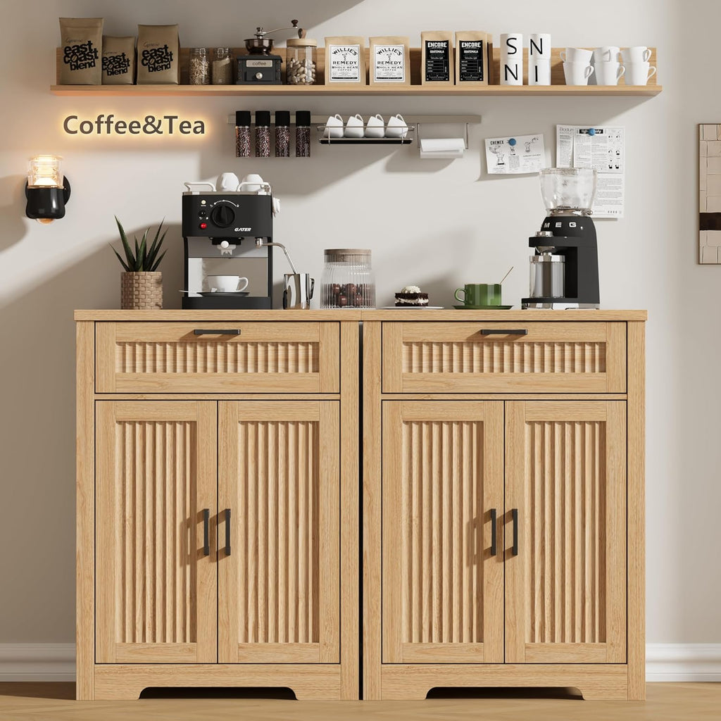 Buffet Cabinet with Storage Drawer, Farmhouse Coffee Bar Table with Storage Drawer and Adjustable Shelf, Small Fluted Sideboard Cabinet for Kitchen, Dining Room, Living Room, Entryway, Natural Oak