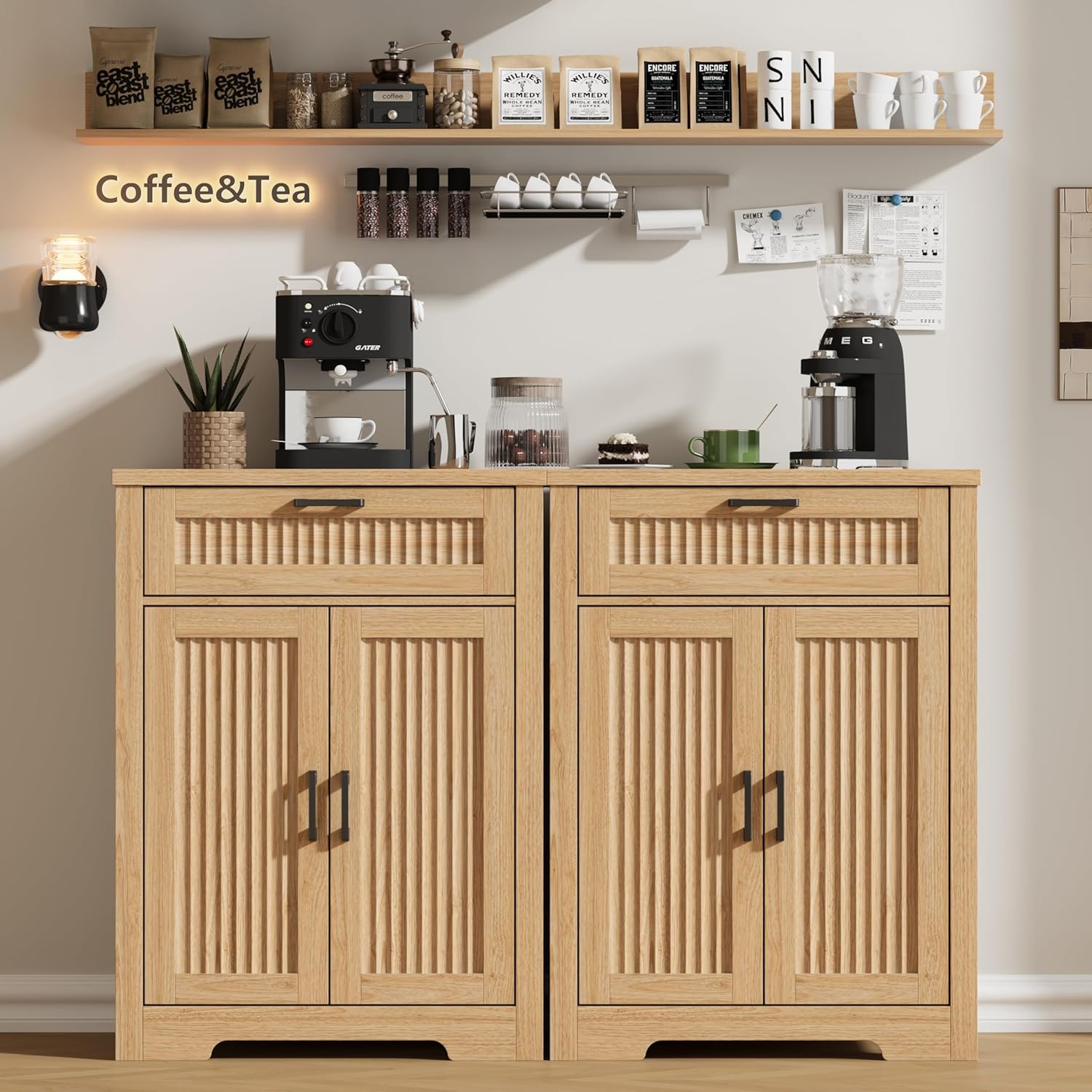 Buffet Cabinet with Storage Drawer, Farmhouse Coffee Bar Table with Storage Drawer and Adjustable Shelf, Small Fluted Sideboard Cabinet for Kitchen, Dining Room, Living Room, Entryway, Natural Oak