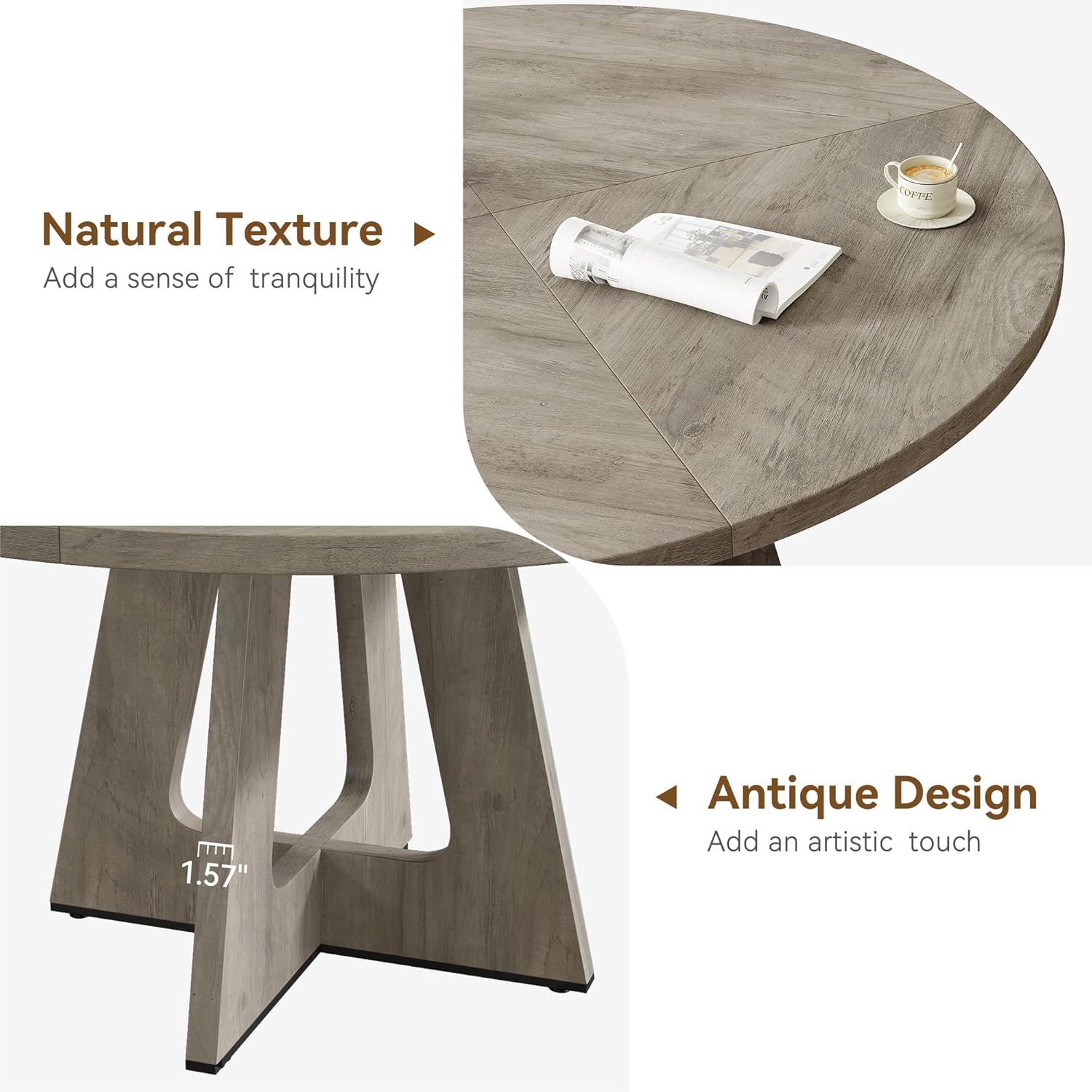 Garvee 47" Round Dining Table for 4 to 6, Farmhouse Kitchen Table with Cross Pedestal Base, 63 Lbs Circle Dinner Table, Not Easy to Slide - Grey (No Chairs)