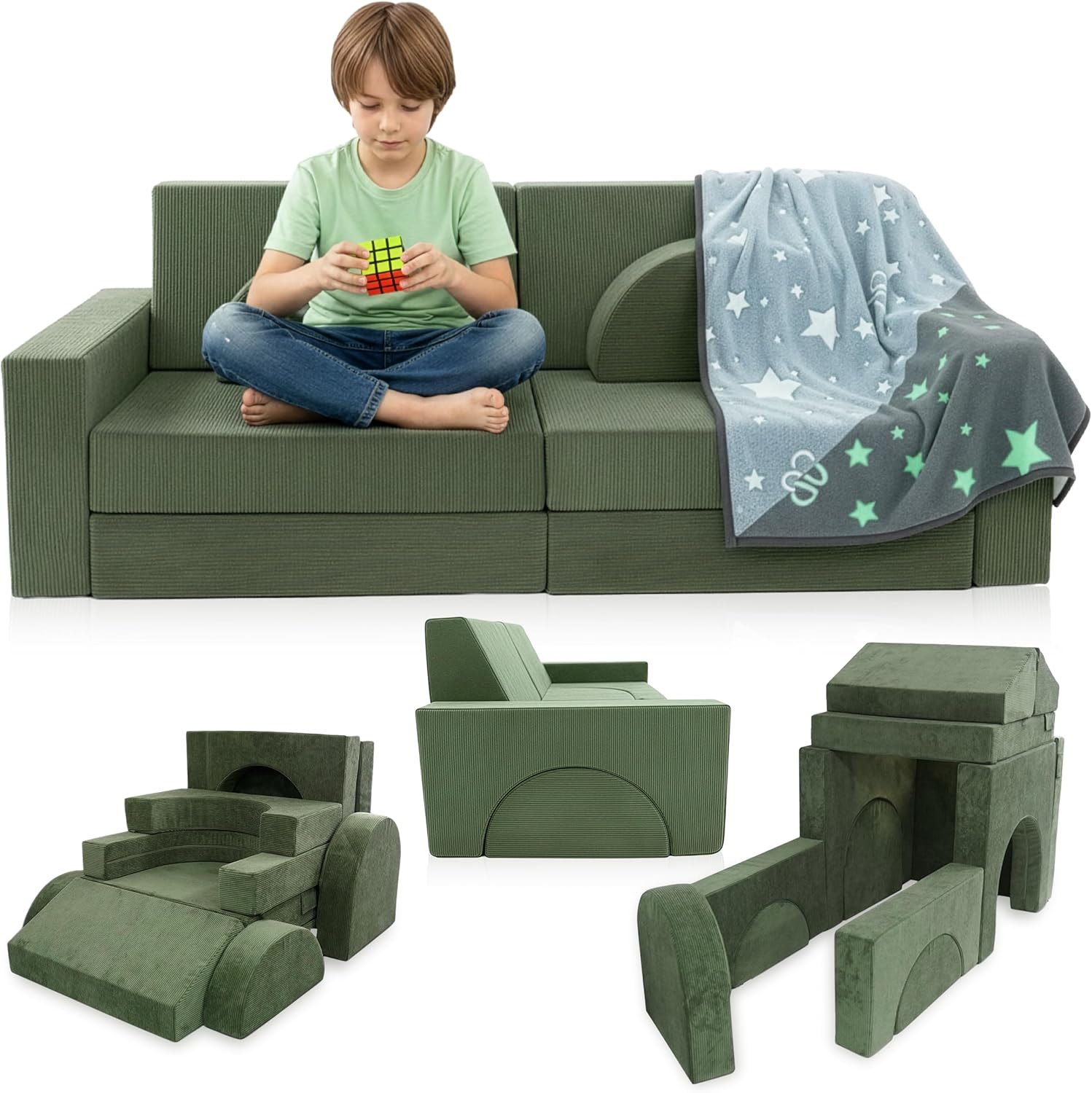12-Piece Modular Kids Play Couch - Soft & Durable Toddler Couch with CertiPUR US Foam, Washable Covers - Playroom Furniture, Kids Sofa for Lounge, Living Room & Playroom - Green
