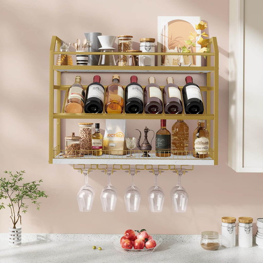 Hoctieon Wall Mount Wine Rack, Wall Mounted Wine Bottle Rack for Display and Storage, Hanging Bottle Holder, for Living Room, Dining Room, Bar, Wine Cellar, Gold&White