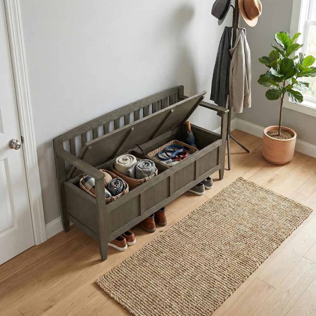 SIMPLIHOME Brooklyn Entryway Storage Bench - 48 inch Wide Solid Wood Storage Seat in Aged Grey, Contemporary Bench for Entryway or Living Room with Lift-Up Lid and Slatted Backrest