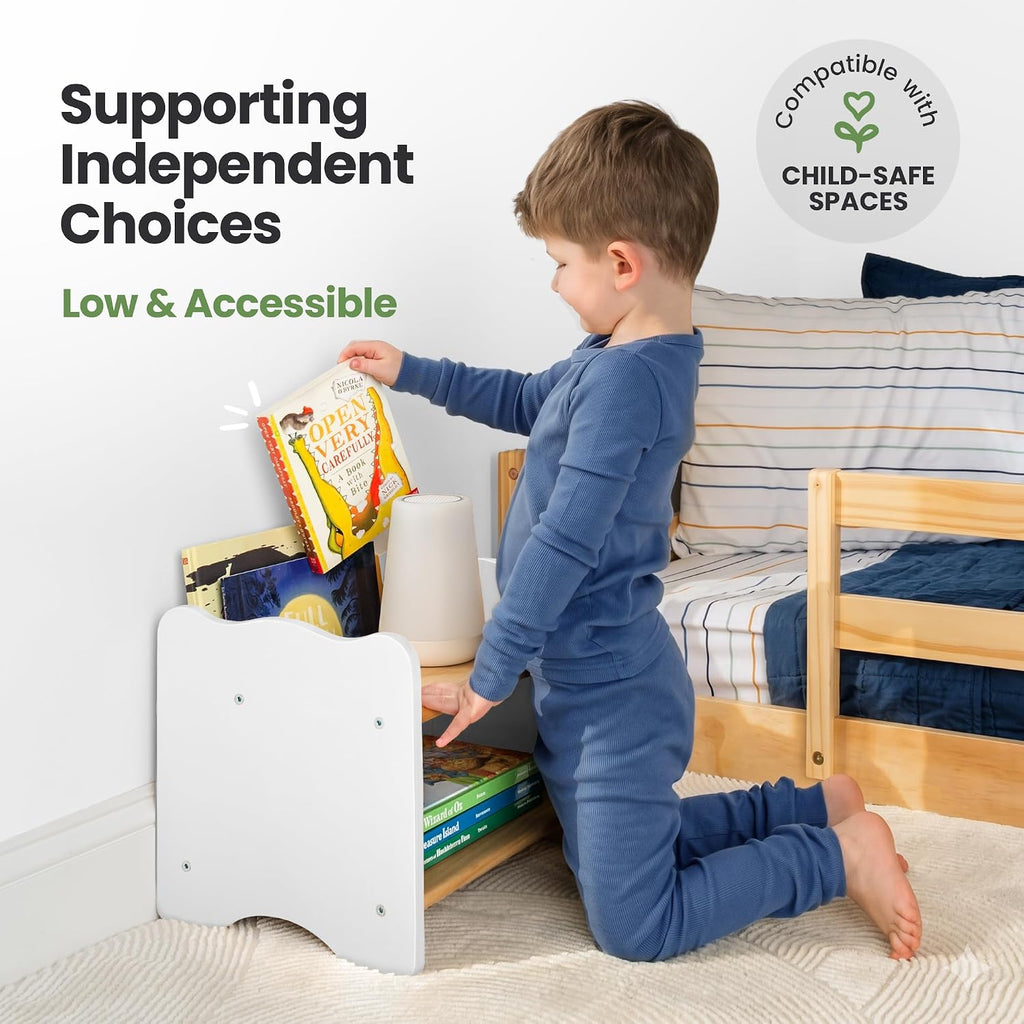Ocodile The Original Kids Nightstand for Floor Beds, Solid Wood Small Bedside Table with Book Pocket, Low Tiny Nightstand for Nursery, Toddler & Kids Room, Montessori Style Side Table - White