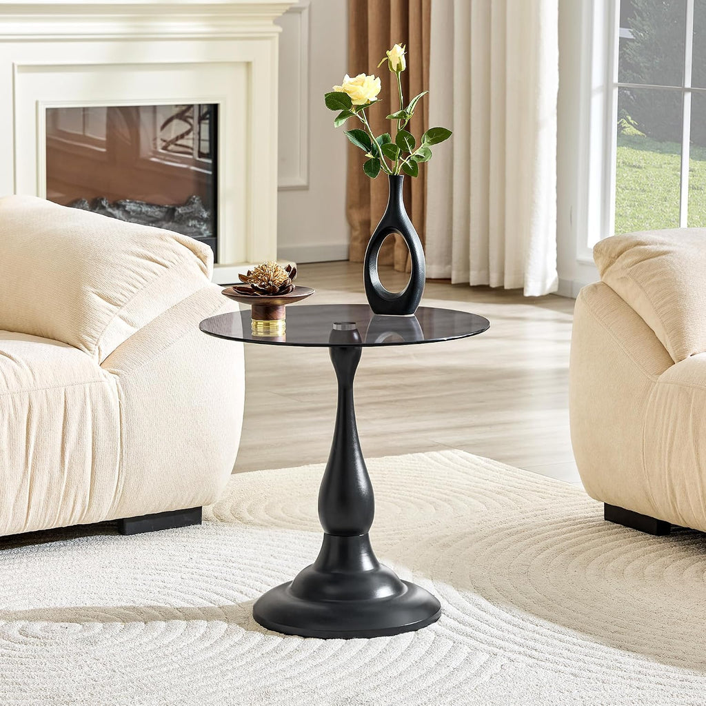 Modern Round Side Table, Gray Glass Top End Table with Black Metal Pedestal Base, Elegant Small Accent Side Tables for Living Room, Bedroom, Corner, and Office