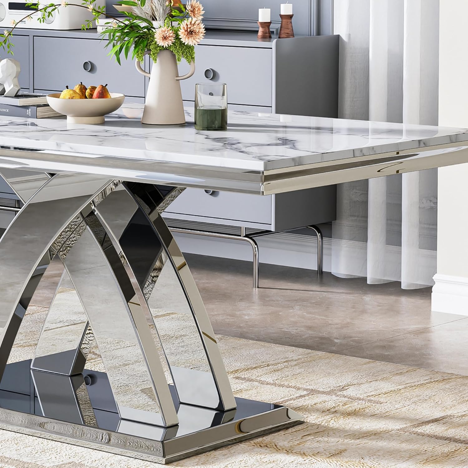 Modern 70" White Marble Dining Table for 6-8 – Rectangular Faux Marble Kitchen & Dining Room Table with Silver Stainless Steel X-Shape Bases, Living Room Furniture