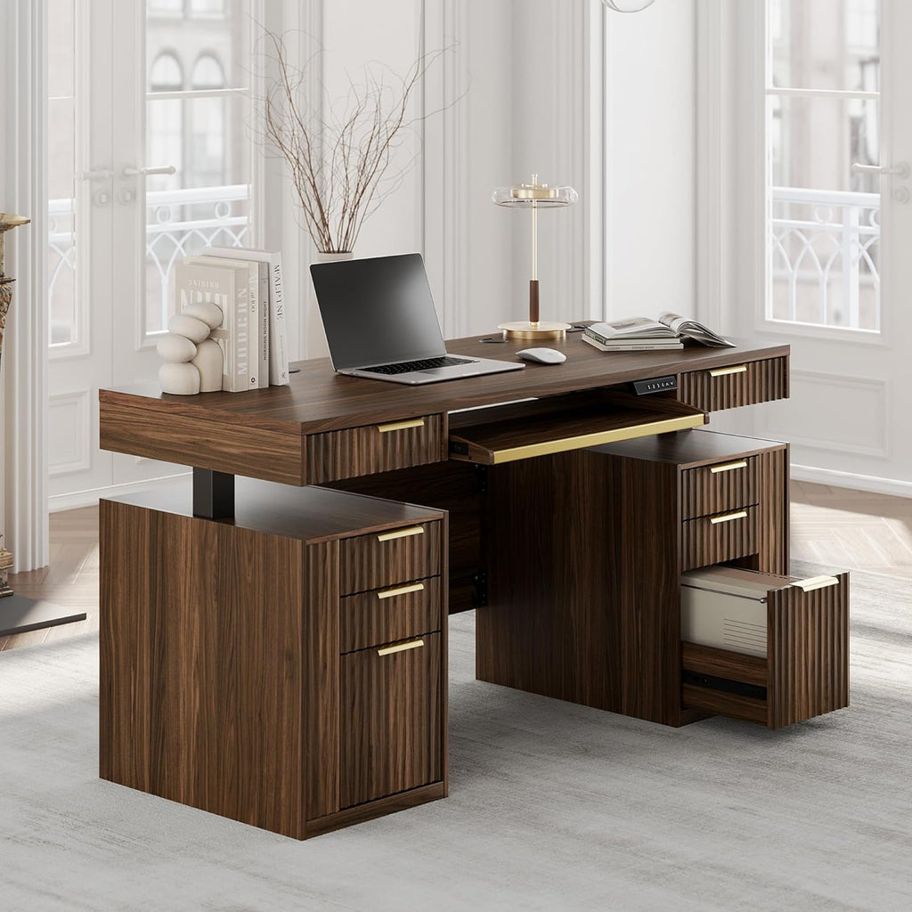 59 Inch Standing Desk with Storage Drawers, Executive Electric Height Adjustable Desk with Keyboard Tray, File Cabinet and AC/USB, Fluted Stand Up Desk with Privacy Panel, Black Walnut