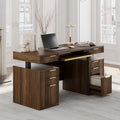 59 Inch Standing Desk with Storage Drawers, Executive Electric Height Adjustable Desk with Keyboard Tray, File Cabinet and AC/USB, Fluted Stand Up Desk with Privacy Panel, Black Walnut