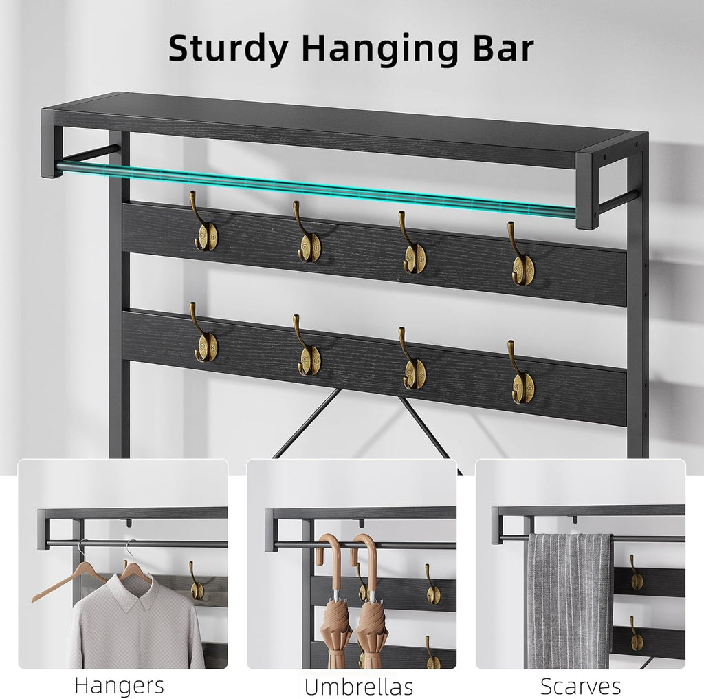 40" Industrial Hall Tree, 3-in-1 Entryway Coat Rack Shoe Bench with 8 Hooks & 3-Tier Storage Shelf, Heavy Duty Metal Frame Mudroom Organizer, Black