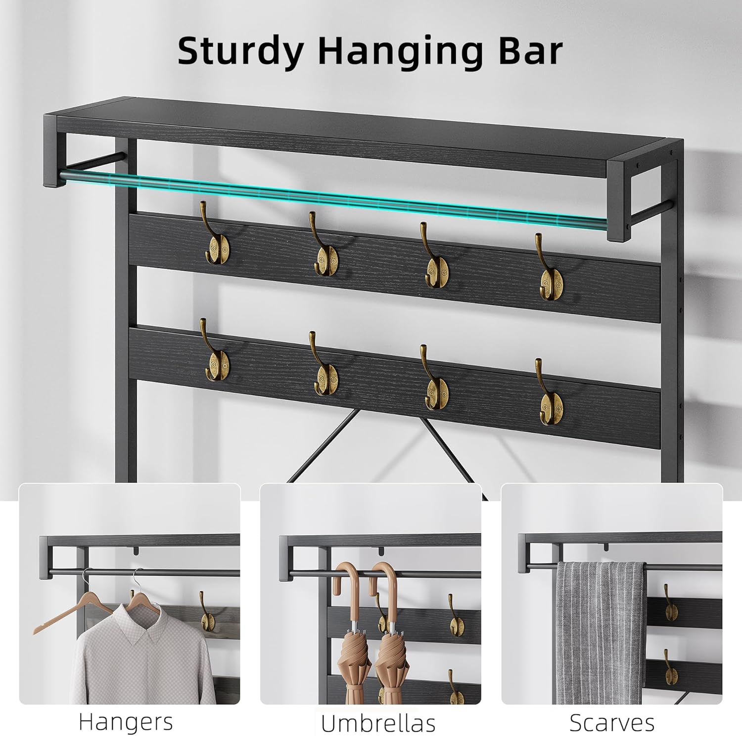 40" Industrial Hall Tree, 3-in-1 Entryway Coat Rack Shoe Bench with 8 Hooks & 3-Tier Storage Shelf, Heavy Duty Metal Frame Mudroom Organizer, Black