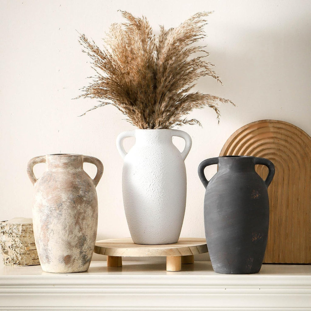 Terracotta Farmhouse Flower Vase, 9.6 Inch Ceramic Rustic Vase with 2 Handles, Decorative Vase Boho Decor for Home Decor, Table, Living Room, Shelf Decoration