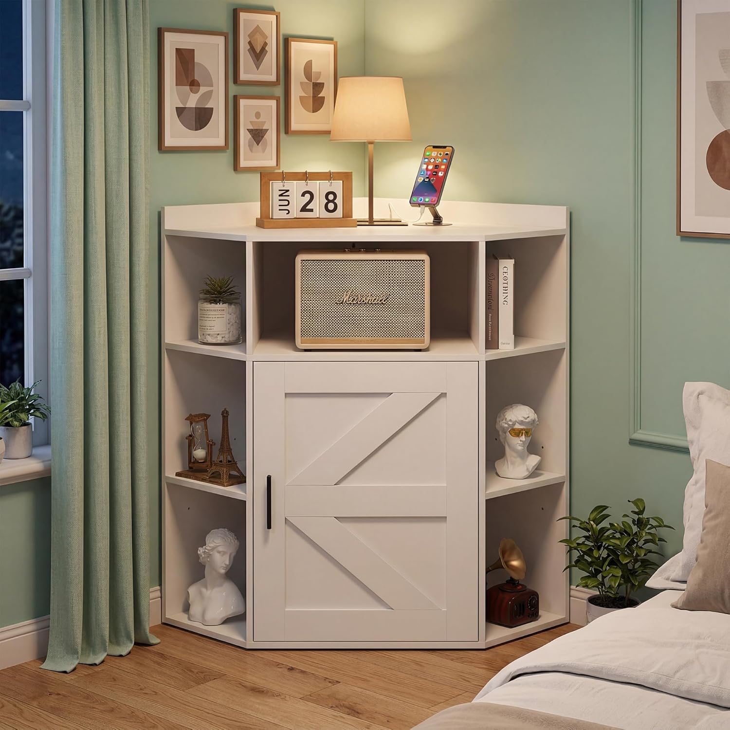 VECELO Corner Storage Cabinet with Charging Station, 34" Shelf with Door & Adjustable Shelves, Organizer for Living Room, Office & Gaming Setup, Fits Monitors up to 43" TV, White