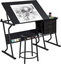 Topeakmart Height Adjustable Drafting Table Art Craft Desk Work Station Hobby Design Studio Tiltable Tabletop Drawing Desk with Stool & Storage Drawers