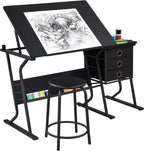 Topeakmart Height Adjustable Drafting Table Art Craft Desk Work Station Hobby Design Studio Tiltable Tabletop Drawing Desk with Stool & Storage Drawers