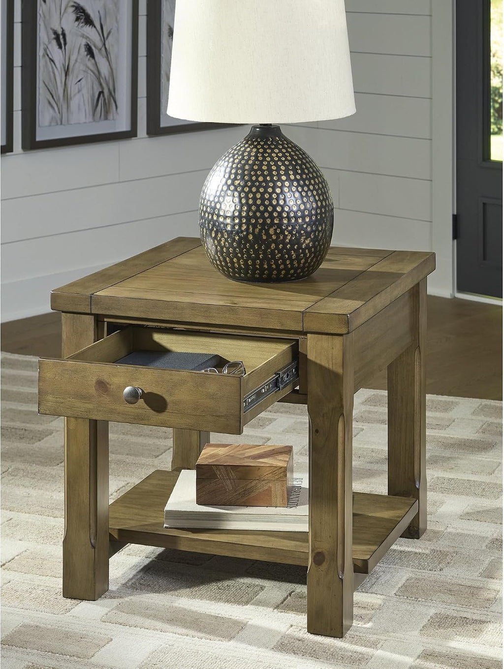 Signature Design by Ashley Vandenmore Casual 1-Drawer End Table with Bottom Shelf, Light Brown