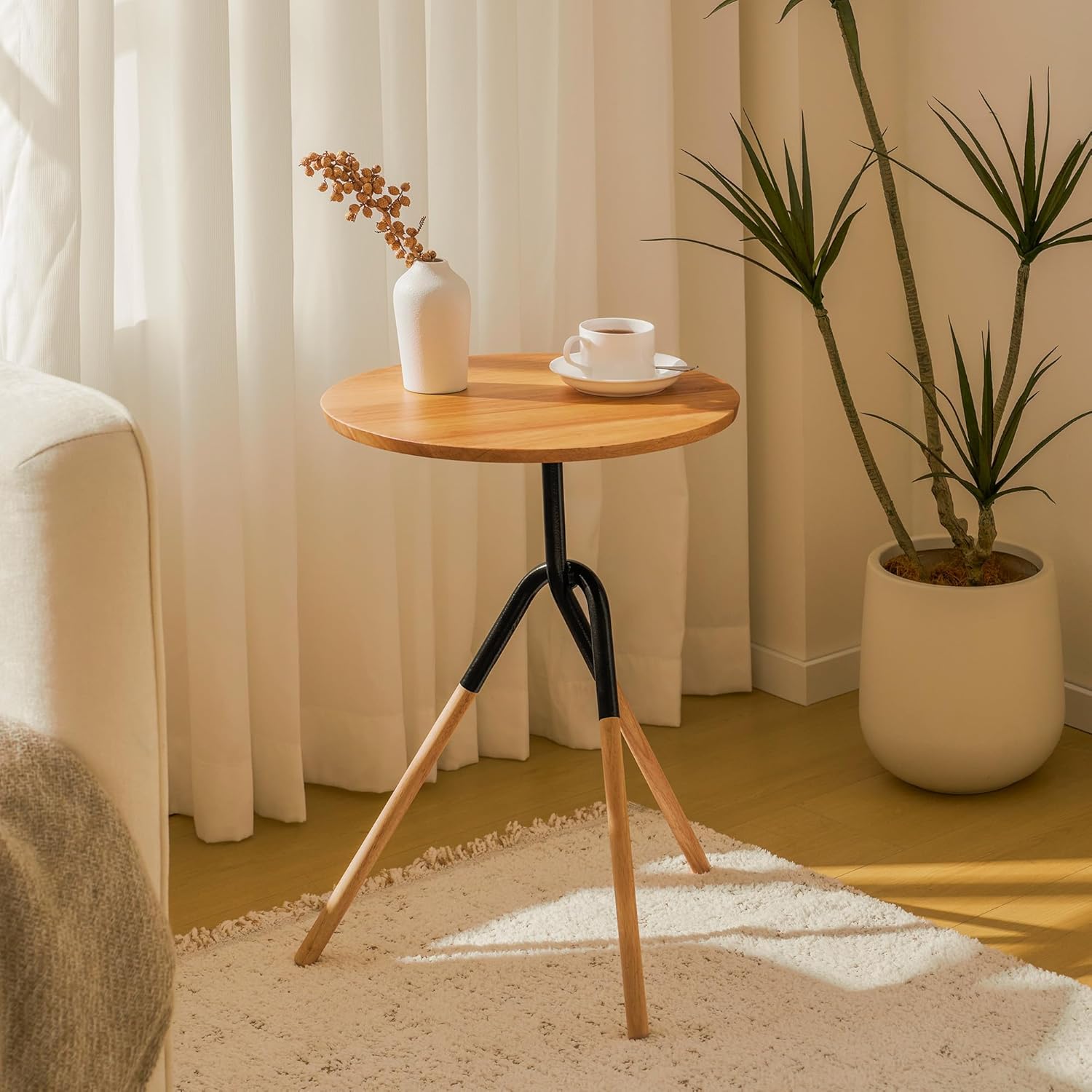 RECCI Small Round Side Table, Modern Solid Wood End Table with FSC Certified Wood & Knotted Metal Frame, Small Accent Couch Sofa Side Table for Living Room Bedroom, Oak