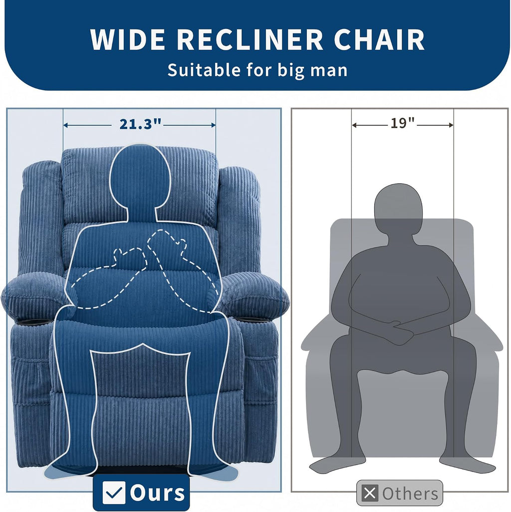 Rocking Recliner Chair for Adults Wide 360° Swivel Rocker Recliner with Cup Holder Nursery Glider with Upholstered Deep Seat Corduroy Comfy Single Sofa for Living Room Blue