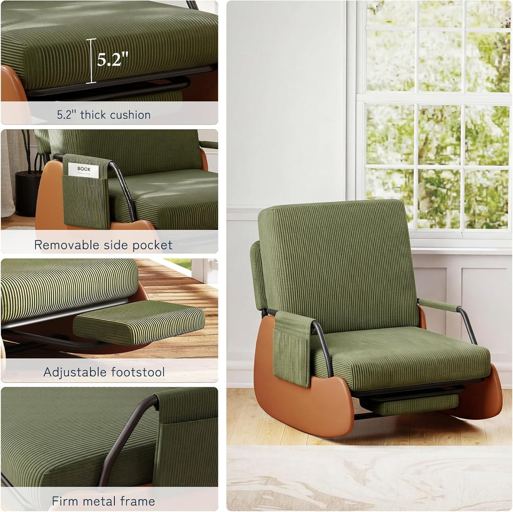 Furniliving Modern Glider Rocking Chair, Upholstered Nursery Glider Chair with Adjustable Recline & Retractable Footrest, Comfortable Lounge Chair for Mom Nursery Living Room Bedroom (Green)