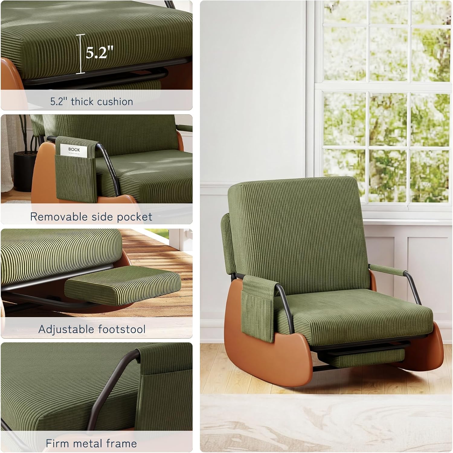 Furniliving Modern Glider Rocking Chair, Upholstered Nursery Glider Chair with Adjustable Recline & Retractable Footrest, Comfortable Lounge Chair for Mom Nursery Living Room Bedroom (Green)