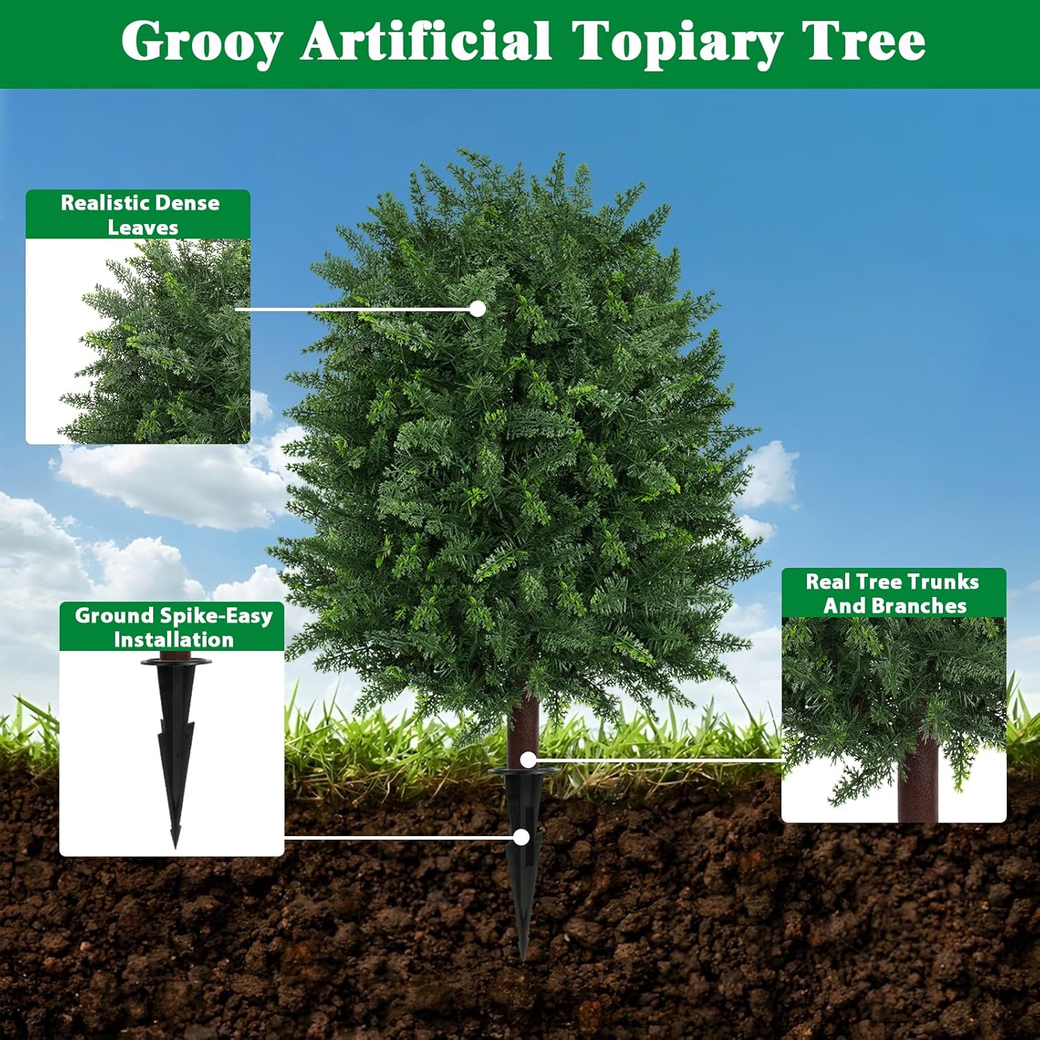 Artificial 28.7 Inches Cedar Topiary Trees with Ground Spike, 2 Pieces Fake Pine Shrubs Bushes, UV Resistant Faux Evergreen Cypress Tree Plants for Indoor Outdoor