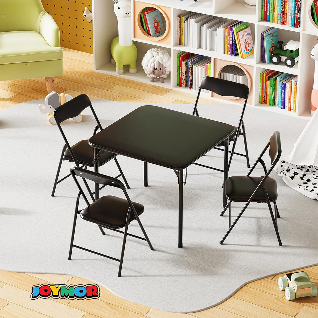 JOYMOR Kids Folding Table and Chairs Set, 5-Piece Metal Frame Activity Set with Easy-Fold Design for Playroom & Classroom (Black)