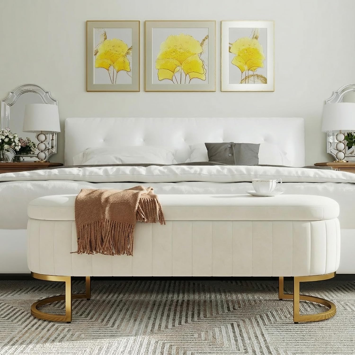 65 Inch Storage Ottoman Bench Velvet End of Bed Storage Bench King Size Upholstered Tufted Bench Large Space for Bedroom Living Room Entryway Beige