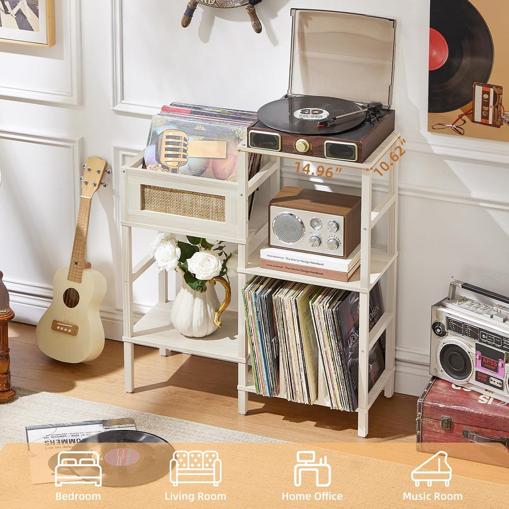 LELELINKY Record Player Stand, White Cream Oak Wood Record Holder with Vinyl Storage Holds up to 300+ Albums, 3-Tier Rattan Media Table with Vinyl Display Shelf, Record Storage Cabinet for Living Room