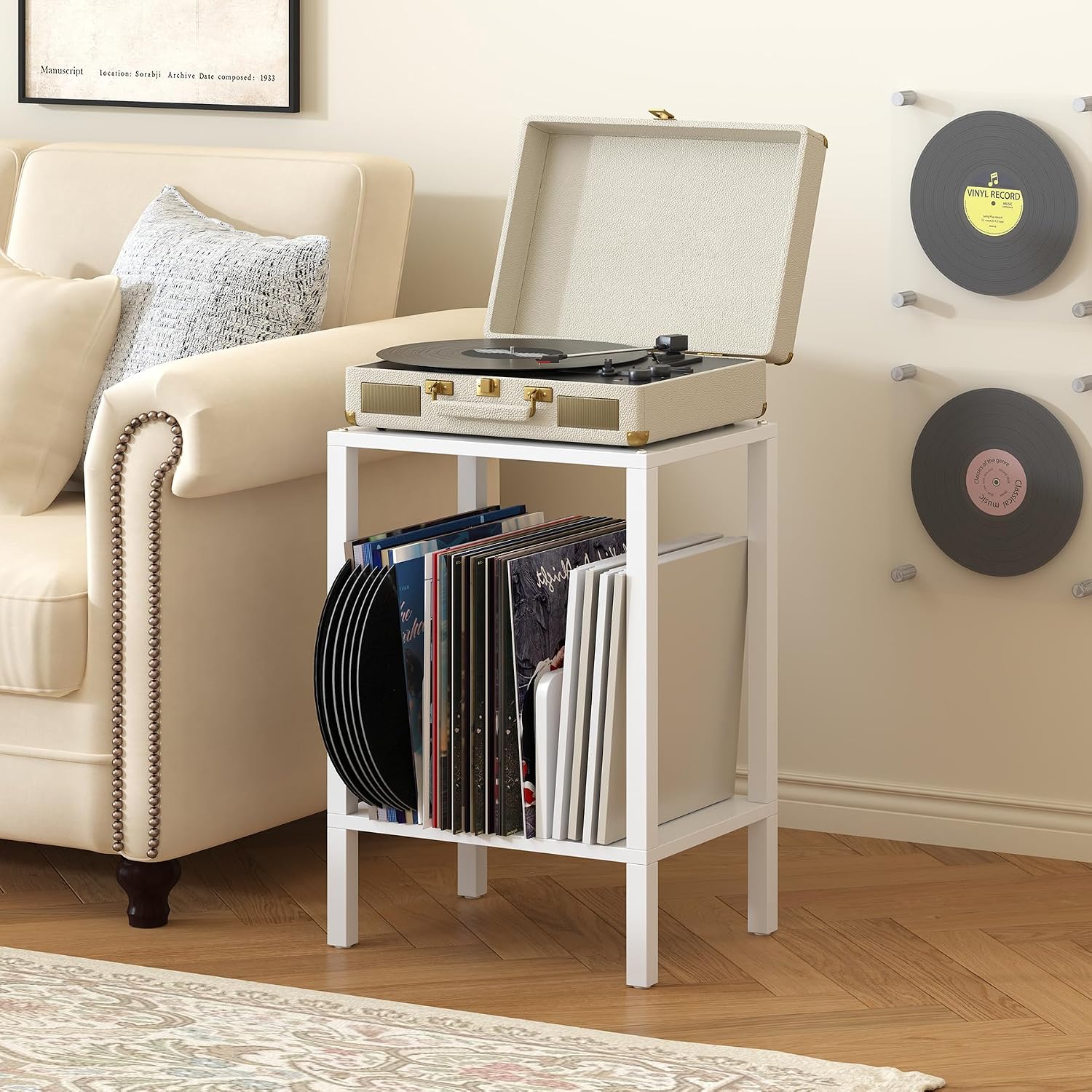 TUTOTAK 2-Tier End Table,Record Player Stand with Vinyl Record Storage up to 100 Albums,Multi-Functional Side Table for Living Room, Bedroom, White TB01BW070