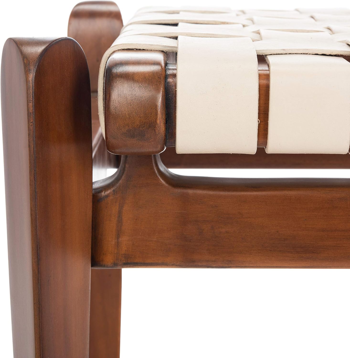 Safavieh Couture Home Dilan 47-inch White and -Light Brown Leather Weave Bench