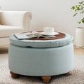30'' Round Ottoman Coffee Table with Storage, Upholstered Tufted Ottoman with Flip Tray, Solid Wood Legs for Living Room, Bedroom, Blue
