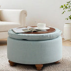 30'' Round Ottoman Coffee Table with Storage, Upholstered Tufted Ottoman with Flip Tray, Solid Wood Legs for Living Room, Bedroom, Blue