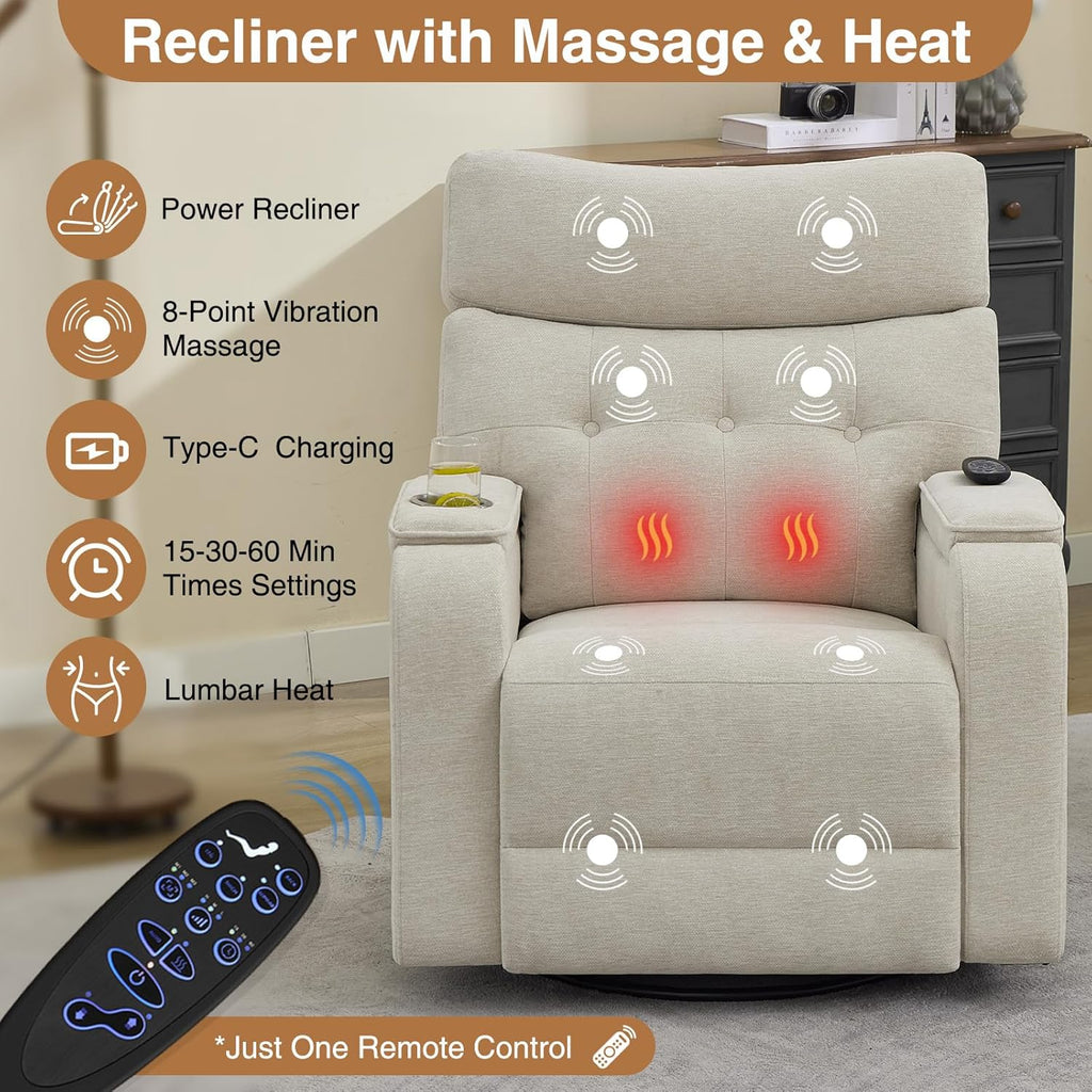 Power Swivel Rocker Recliner with Massage & Heat, Power Glider Recliners with Type-C Port & Timing, Oversized Swivel Glider Recliner with Dual Storage Arms & Cup Holder, Chenille Camel