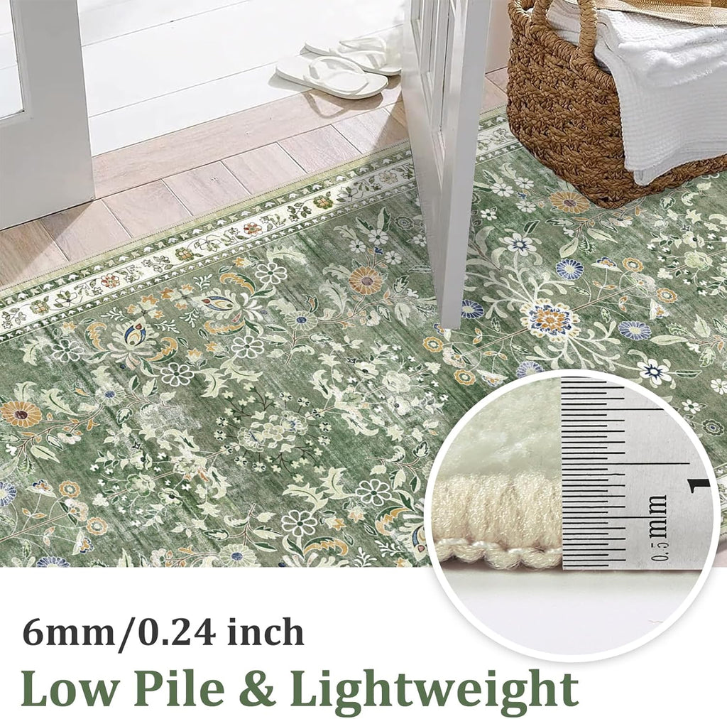 Yamaziot Washable Runner Rug 2x8 – Non Slip Boho Floral Hallway Runner Rug with Rubber Backing, Low Pile Wool Distressed Carpet for Kitchen, Laundry, Bedroom, Entrance, Mottled Green