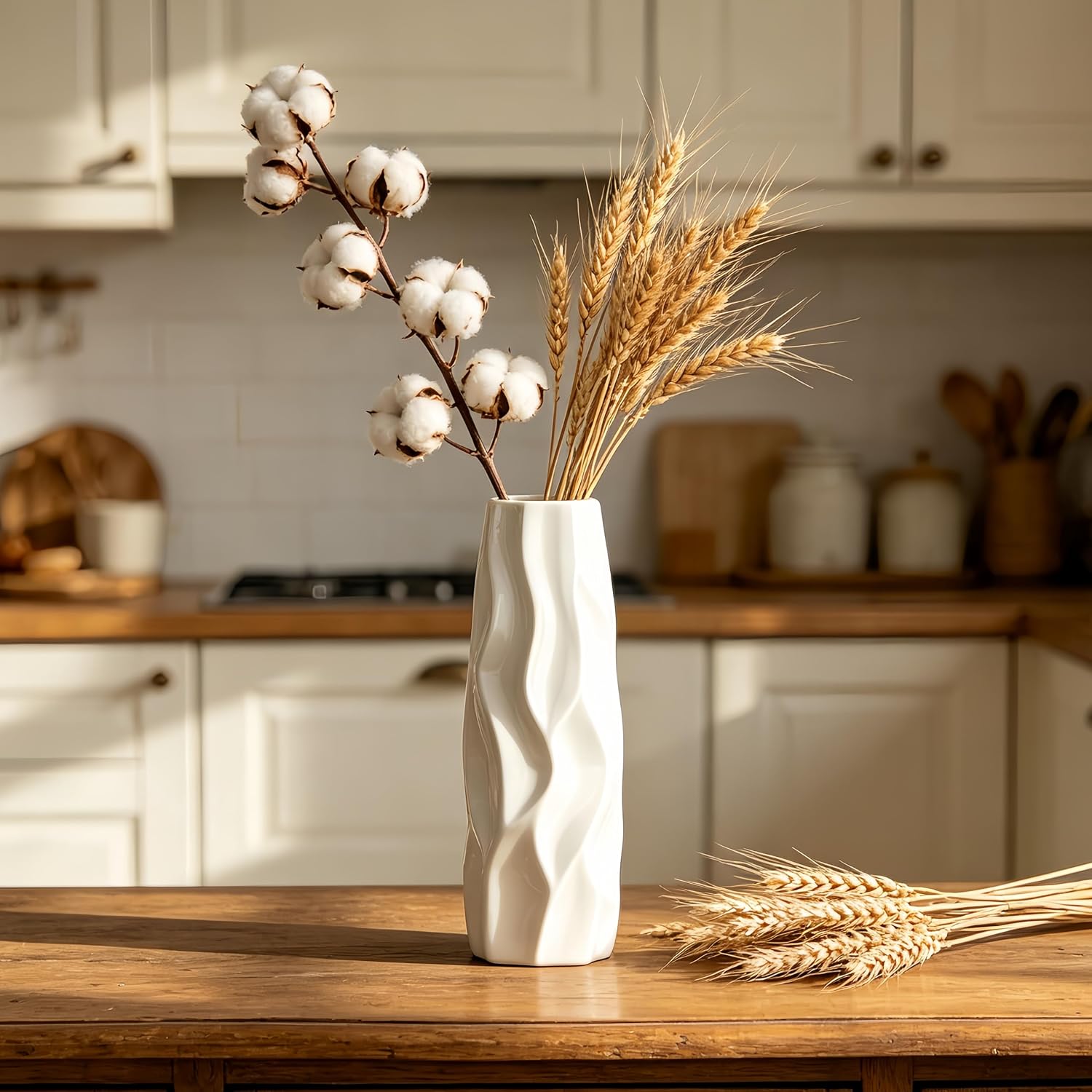 12 Inch White Vase Ceramic Flower Vase, Tall Vases for Pampas Grass, Home Decor, Modern Textured Vases for Living Room Decorations,Table Centerpieces,Shelf,Farmhouse Small Ceramic Vase
