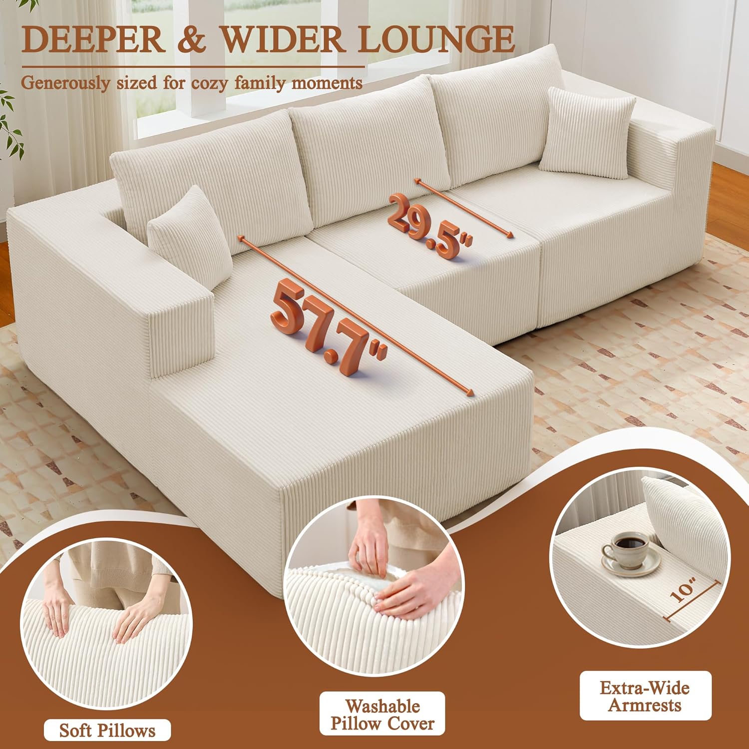 Modular Sectional Sofa for Living Room, 108" Cloud Couch Sectional with L-Shape Chaise, Modern Upholstered Corduroy Boneless Couch with Memory Foam Deep Seat, No Assembly Required (Beige)