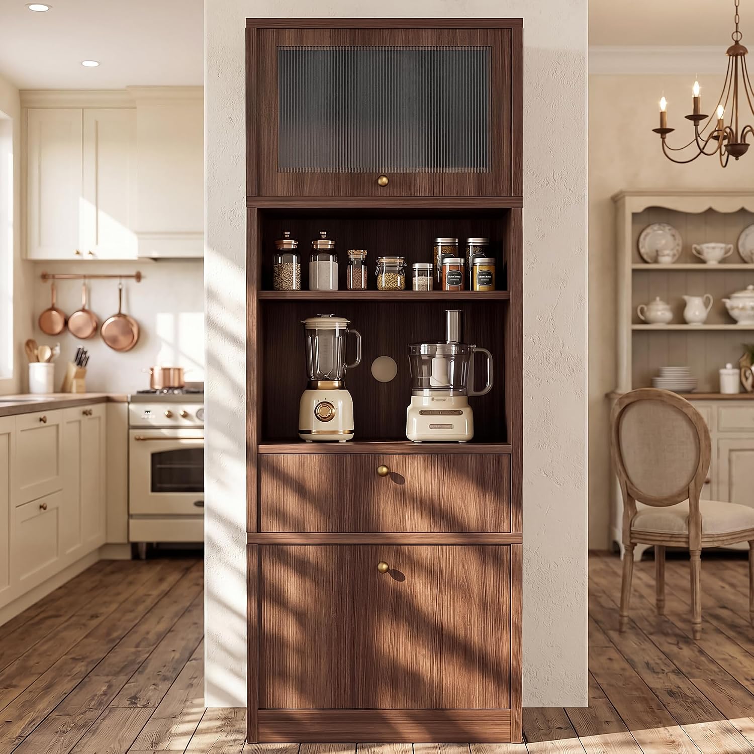 71''Tall Kitchen Pantry Cabinet with Oversized Microwave Shelf & Coffee Station-Tall Extra Deep Storage Hutch, Fluted Acrylic Doors,Adjustable Shelves,Drawers, Anti-Tip,Walnut