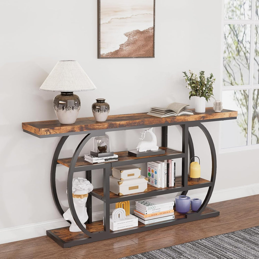 63" Narrow Console Table with Storage, 4-Tier Sofa Table Behind Couch, Industrial Entryway Accent Table with Metal Frame for Living Room, Hallway, Foyer