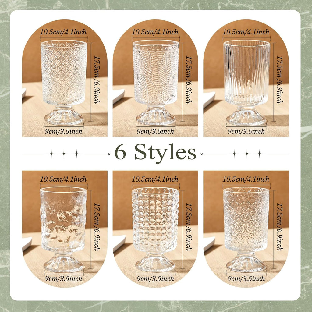 6 Pcs (H: 7" W: 4") Embossed Flower Vase Pedestal Glass Vase Big Base Thickened Crystal Vintage Vases for Wedding Party Home Decor Table Centerpiece House Warming Gifts (Clear,Classic)