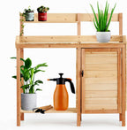Outdoor Wooden Potting Bench with Sink, Sliding Tabletop & Removable Tray, Large Storage Cabinet + Bottom Shelf, Natural Wood Garden Workstation for Patio & Lawn