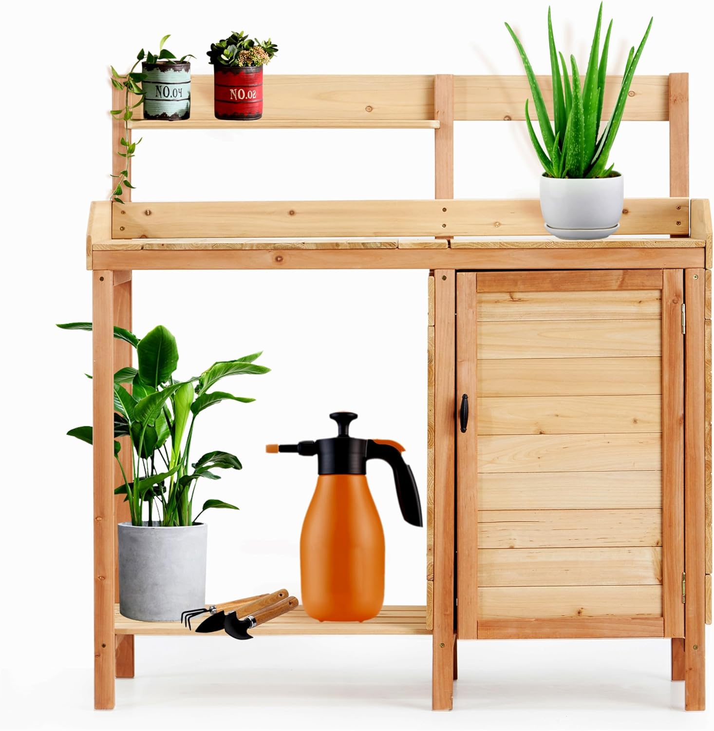 Outdoor Wooden Potting Bench with Sink, Sliding Tabletop & Removable Tray, Large Storage Cabinet + Bottom Shelf, Natural Wood Garden Workstation for Patio & Lawn