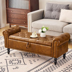 Furniliving Storage Ottoman Bench, Leather Benches End of Bed Bench with Solid Wood Legs Upholstered Ottoman Bench with Storage Indoor Bench for Living Room with Rolled Arm, Entryway, YellowBrown