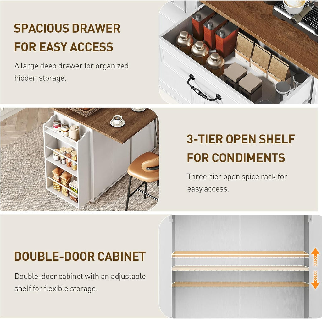 RALGEND Kitchen Island with Power Outlet & Drop Leaf, Mobile Rolling Cart with Trash Can Storage, 3-Tier Spice Rack, Island Table for Kitchen, Dining Room, White and Walnut