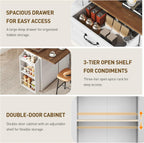 RALGEND Kitchen Island with Power Outlet & Drop Leaf, Mobile Rolling Cart with Trash Can Storage, 3-Tier Spice Rack, Island Table for Kitchen, Dining Room, White and Walnut