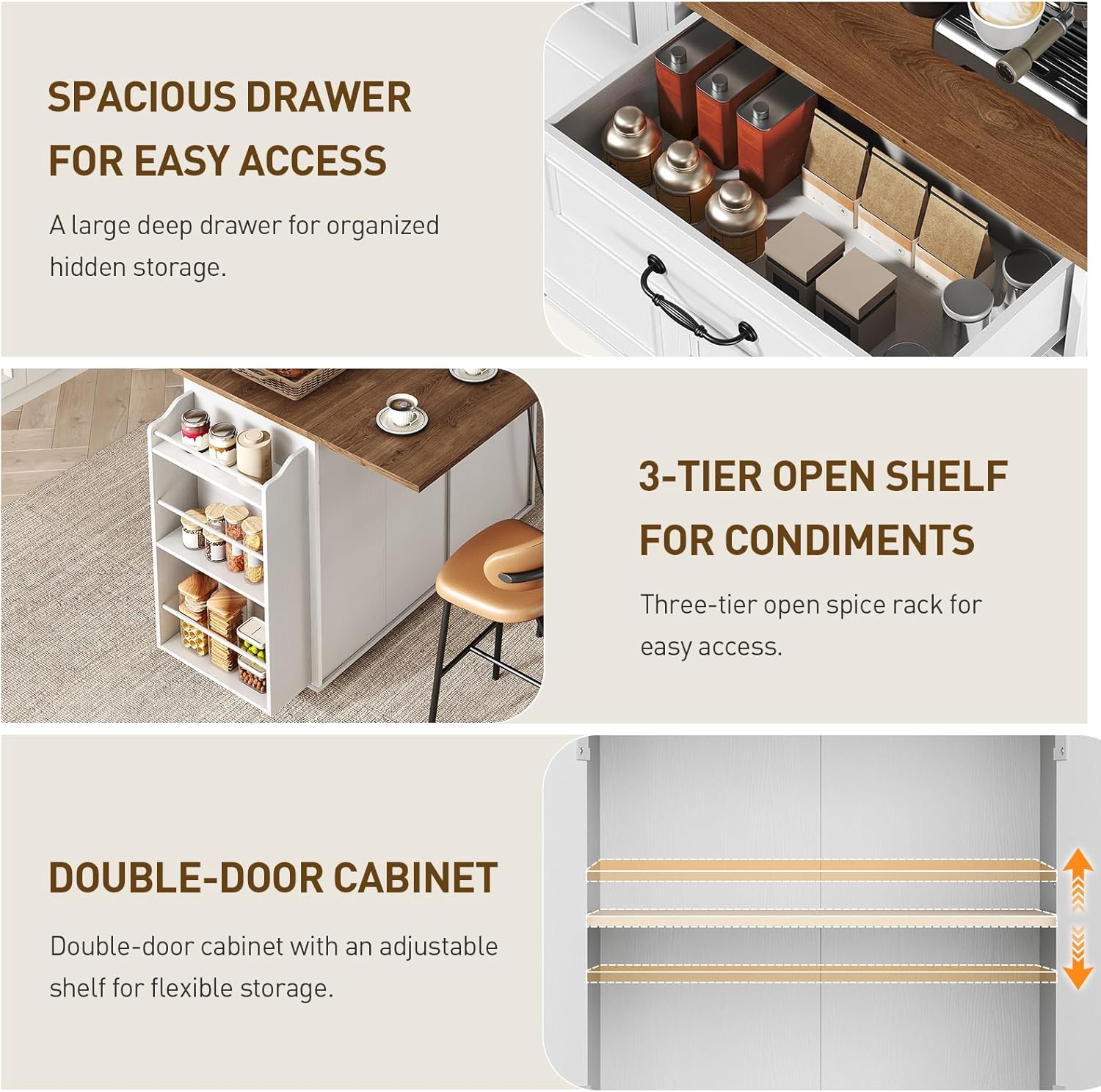 RALGEND Kitchen Island with Power Outlet & Drop Leaf, Mobile Rolling Cart with Trash Can Storage, 3-Tier Spice Rack, Island Table for Kitchen, Dining Room, White and Walnut