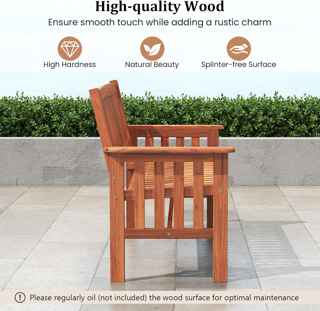 Tangkula Outdoor Wood Garden Bench, 2-Person Patio Park Bench with Backrest, Armrests and Slatted Seat, Outside Loveseat Furniture for Front Porch, Balcony, Deck and Yard