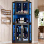 Loomie 71'' Corner Wine Bar Cabinet with LED Lights,5-Tier Tall Home Liquor Coffee Bar Cabinet W with Tempered Glass Door & Glasses Rack, Alcohol Cabinet Storage Hutch for Kitchen,Living Room (Black)