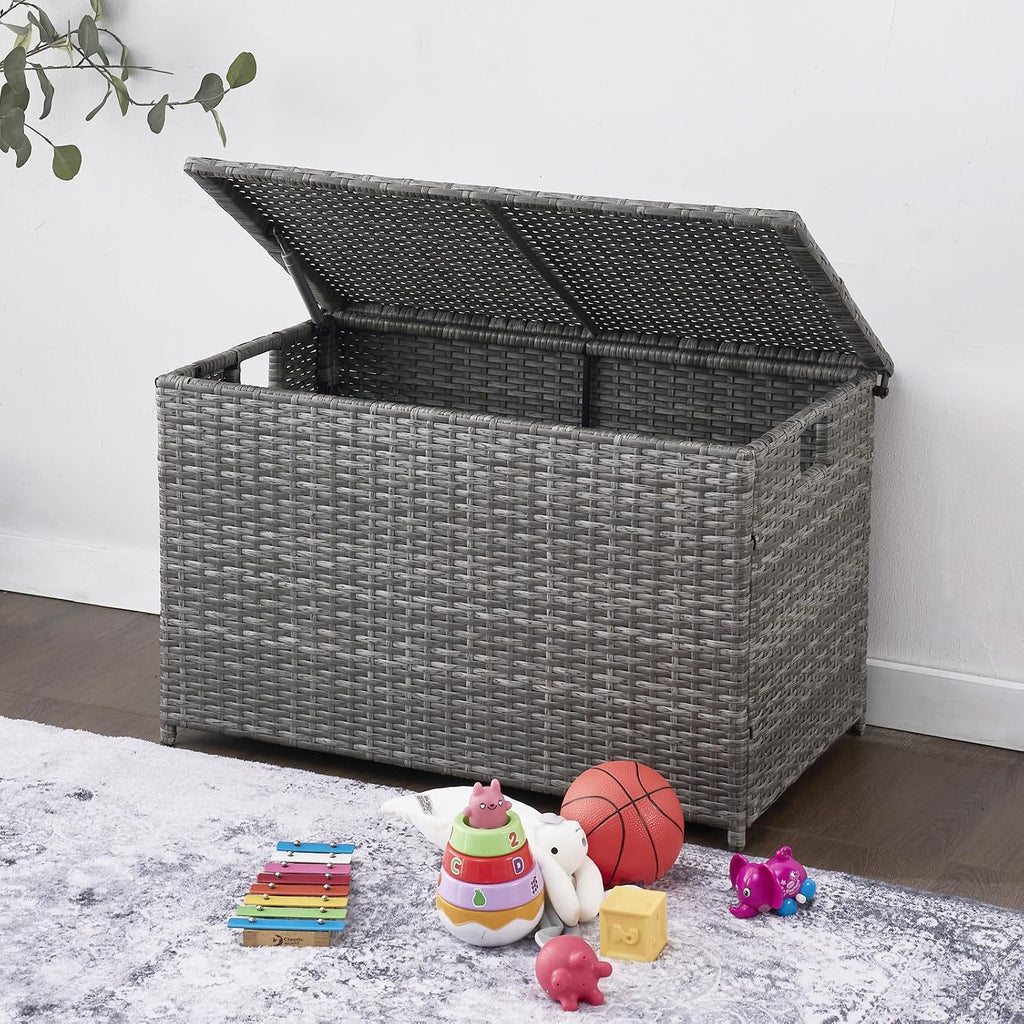 Wicker Storage Trunk, 30 x 17 x 18 inches, 160L, Handwoven Wicker Chest with Stay-Open Lid, Supports 200 lbs, Grey