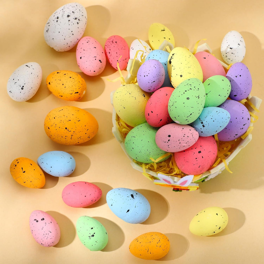 JOYIN 32Pcs Easter Foam Eggs, Pastel Speckled Assorted Easter Eggs for Indoor Table Centerpiece Decoration, Party Favor, Bowl Fillers Wreath Garland