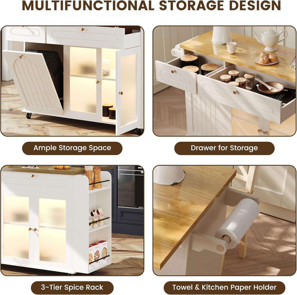 COCO DESIGN 58" Rolling Kitchen Island with Power Outlet, LED Light, Drop Leaf & Storage, Mobile Kitchen Cart with Trash Cabinet, Spice Rack & Towel Rack, White